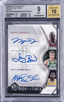 2006-07 SP Authentic "Sign of the Times" Triple #ST-JJB Michael Jordan/Larry Bird/Magic Johnson Multi Signed Card (#10/10) – BGS MINT 9/BGS 10